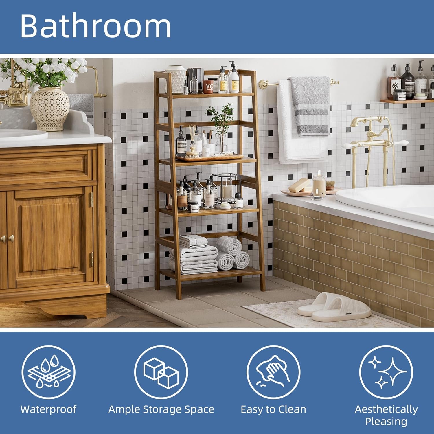 Ladder Shelf, 4-Tier Bamboo Bookshelf, Freestanding Open Display Storage Rack, Space Saving Flower Plant Display Stand for Bathroom Living Room, Walnut