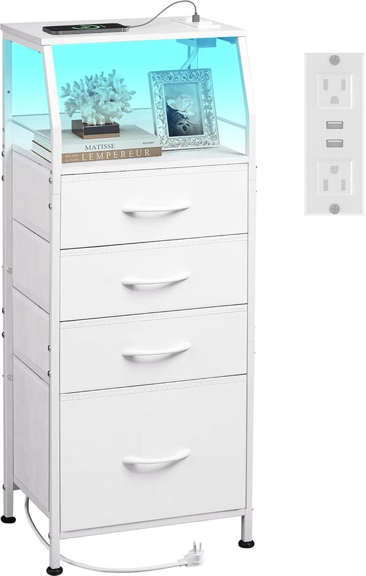 Night Stand with Charger Station, White Nightstand with LED Light and 4 Storage Drawers, Tall Dresser for Bedroom, 37.48" H Bedside Table with Fabric Bins, Wood Shelf