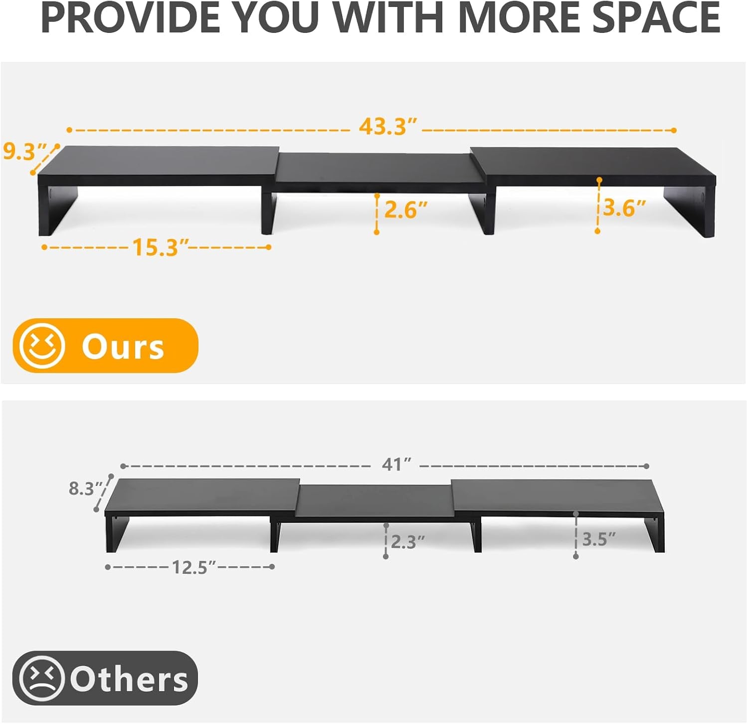 TAVR Dual Monitor Stand Riser Office Desktop Organizer Stand for 2 Monitors, Adjustable Length and Angle 3 Shelf, Extra Long Multifunctional Stand up to 43.3" Fit Computer, Laptop, TV, Black