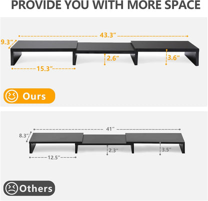 TAVR Dual Monitor Stand Riser Office Desktop Organizer Stand for 2 Monitors, Adjustable Length and Angle 3 Shelf, Extra Long Multifunctional Stand up to 43.3" Fit Computer, Laptop, TV, Black