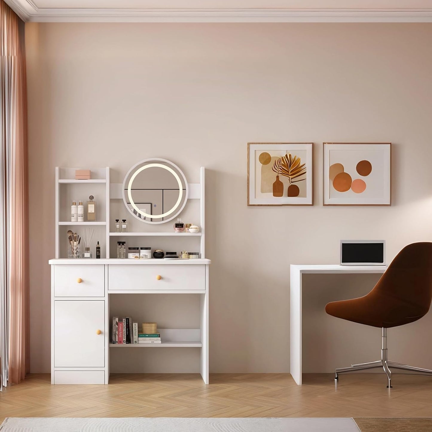 Dressing Table,Makeup Table with Drawers, Vanity Desk with Mirror and Led Lights,3 Lighting Mode,Makeup Vanity Desk,Multifunctional Makeup Writing Desk for Bedroom (80CM)