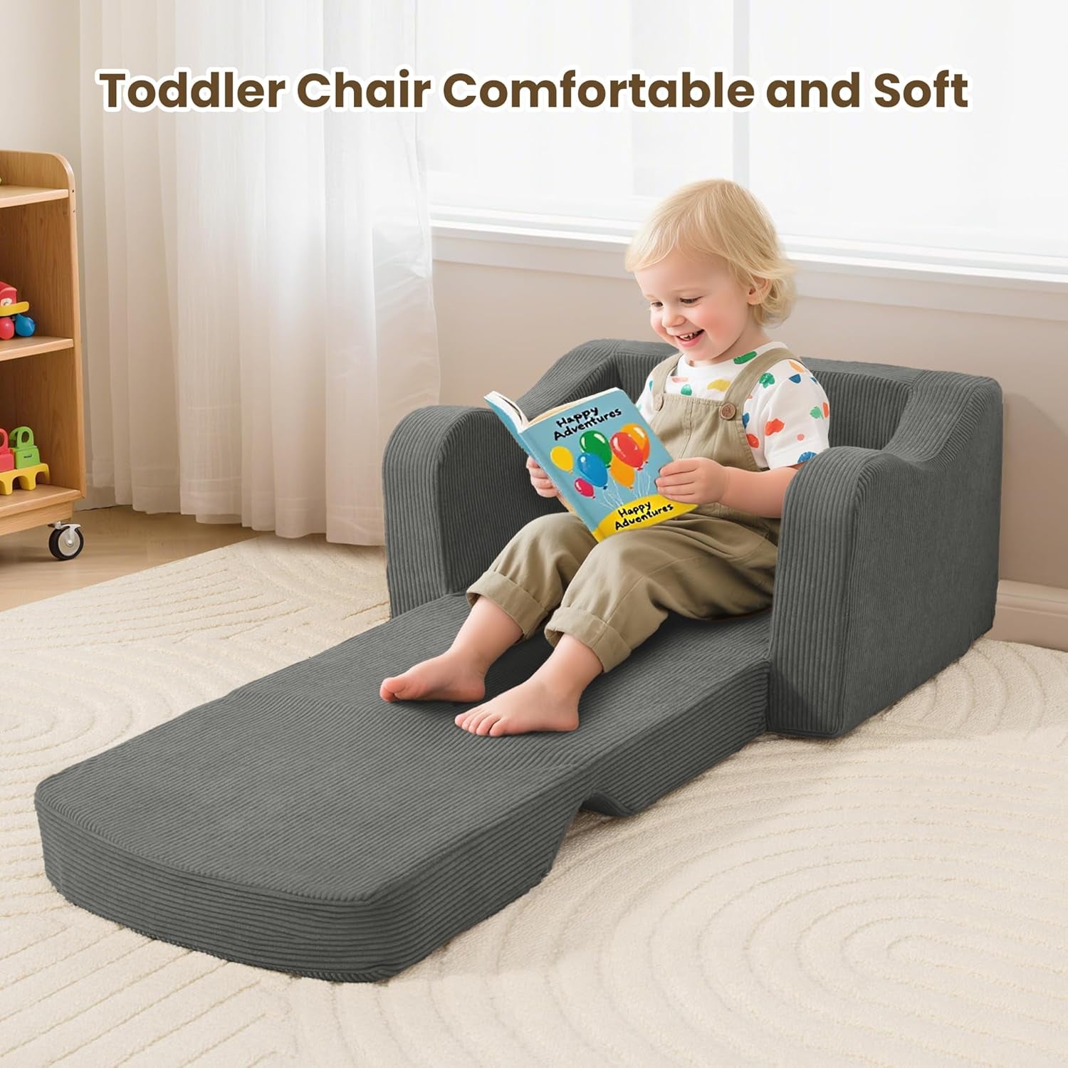 Comfy Toddler Chair for Kids, 2-In-1 Toddler Soft Plush Couch Fold Out, Convertible Kids Couch to Lounger, Baby Sofa for Boys and Girls,Grey