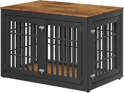 32" Heavy Duty Dog Crate Furniture for Small,Medium and Large Dogs,Rustic Wooden Dog Cage Kennel Indoor Furniture with Waterproof Top,Decorative Pet House Side End Table (Black & Wood)