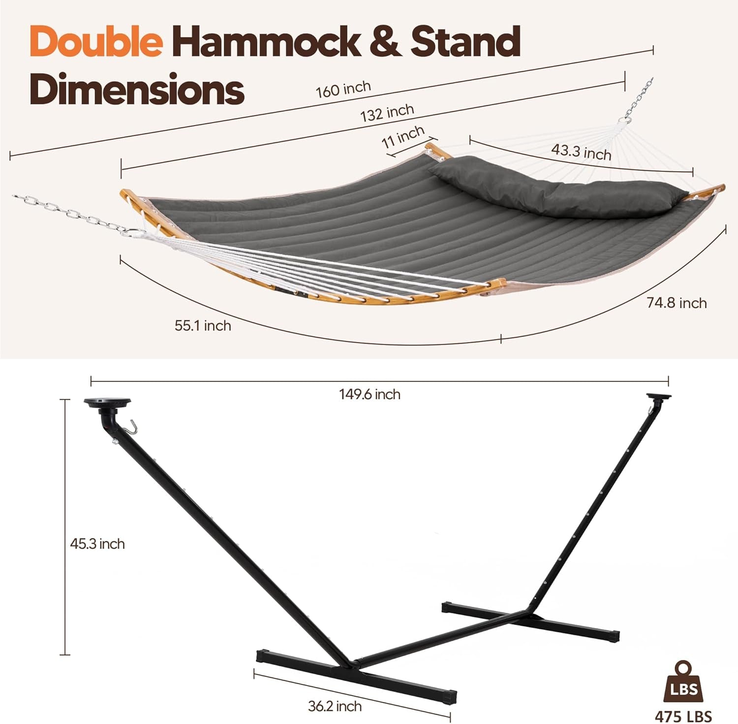 Double Backyard Hammock with Solar Powered Lights for Outside, 475 Lbs Capacity, Heavy Duty Self Standing Hammock with 12 Ft Stand, Dark Grey