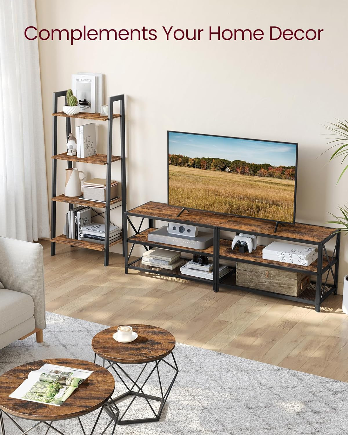 TV Stand, TV Console for Tvs up to 70 Inches, TV Table, 63 Inches Width, TV Cabinet with Storage Shelves, Steel Frame, for Living Room, Bedroom, Turquoise Brown and Black ULTV095B60