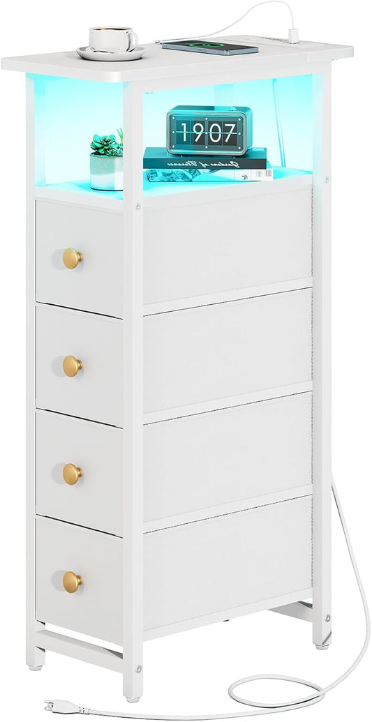 Narrow Dresser for Bedroom, LED Slim Nightstand with Charging Station, Small Dressers Chest of Drawers, Narrow Side Table End Table Tall Skinny Cabinet Night Stand for Small Spaces, White