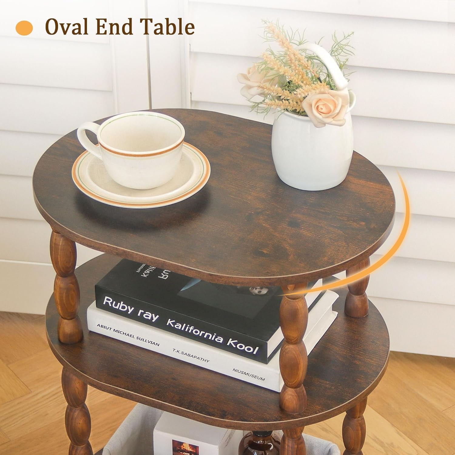Side Table, 3-Tier Small End Table, Modern Oval Night Stand Accent Table for Living Room, Bedroom, Rustic Brown