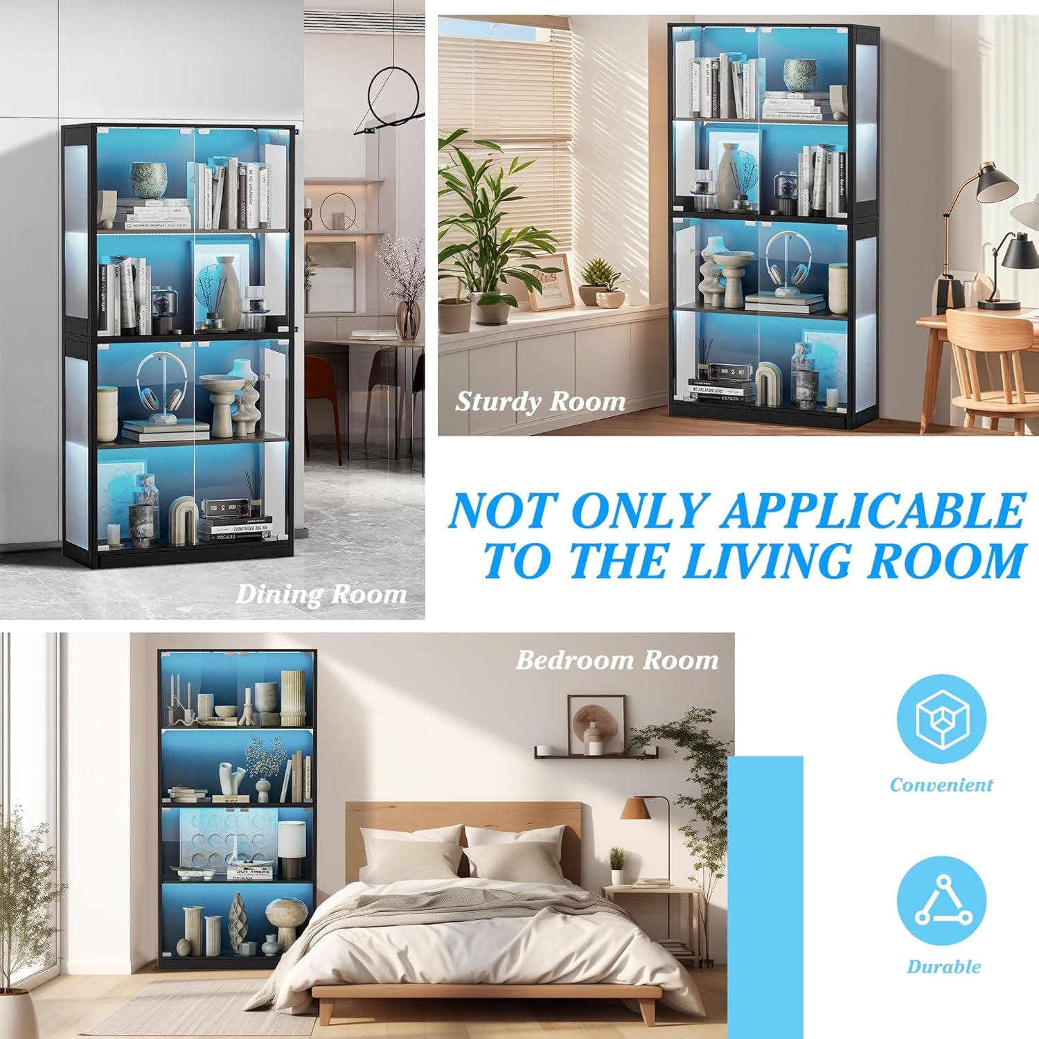 RGB Glass Display Cabinet, App & Remote Controlled Display Case with Music Sync, 4-Tier Tall Curio Cabinet for Collectibles Storage, Tall Bookcase with 4 Shelves (Black, 14"D X 32"W X 65"H)