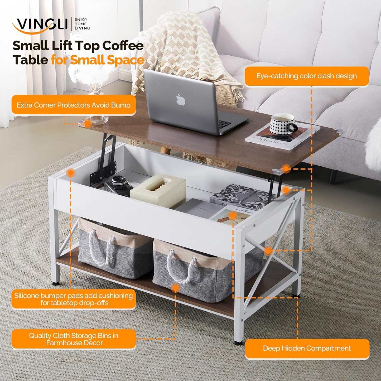 36" Lift Top Coffee Table with Free Cloth Storage Bins, White Walnut Framhouse Coffee Tables for Living Room, Small Modern Coffee Table for Small Space in Minimalistic Style, Dark Walnut