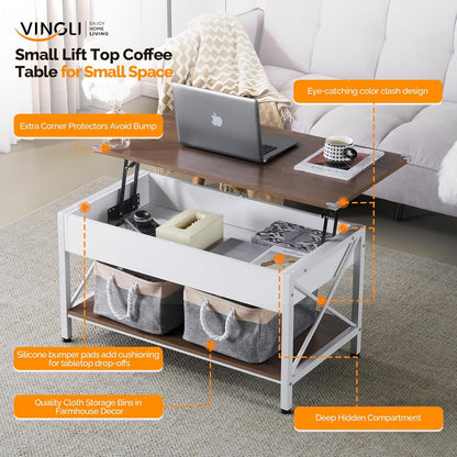 36" Lift Top Coffee Table with Free Cloth Storage Bins, White Walnut Framhouse Coffee Tables for Living Room, Small Modern Coffee Table for Small Space in Minimalistic Style, Dark Walnut