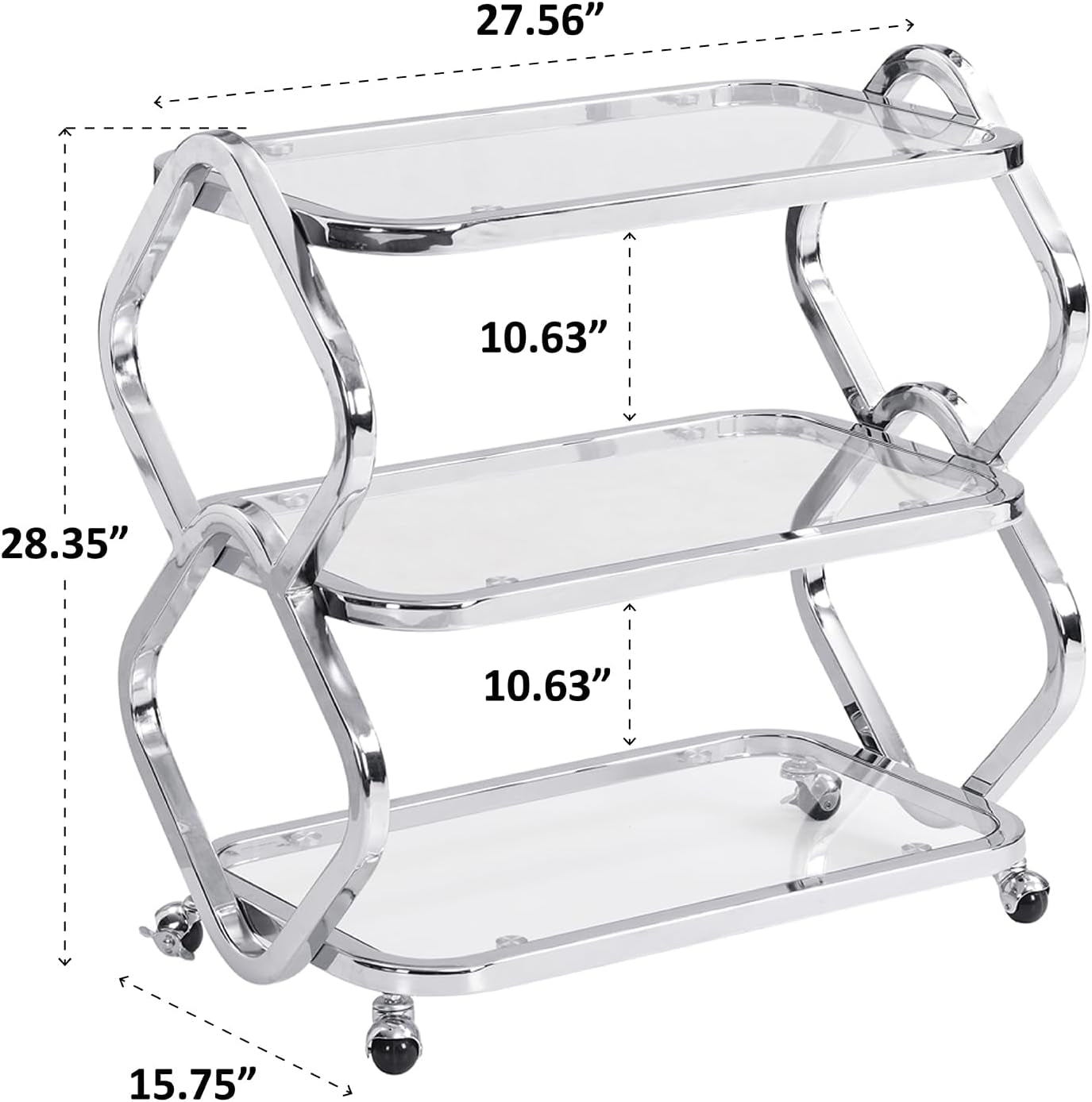 Silver Bar Cart with Wheels Glass Bar Cart for Home Metal Console Table Serving Cart with Storage for Club Spa Cafe Entryway Kitchen Living Room Hallway Sofa