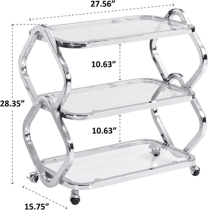 Silver Bar Cart with Wheels Glass Bar Cart for Home Metal Console Table Serving Cart with Storage for Club Spa Cafe Entryway Kitchen Living Room Hallway Sofa