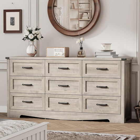 Dresser for Bedroom with 9 Drawers, 59" Wide Wood Chest of Drawers with Deep Drawers & Mental Handle, Modern Dresser TV Stand, Wooden Closet Storage Organizer for Living Room, Hallway, Entryway, Grey