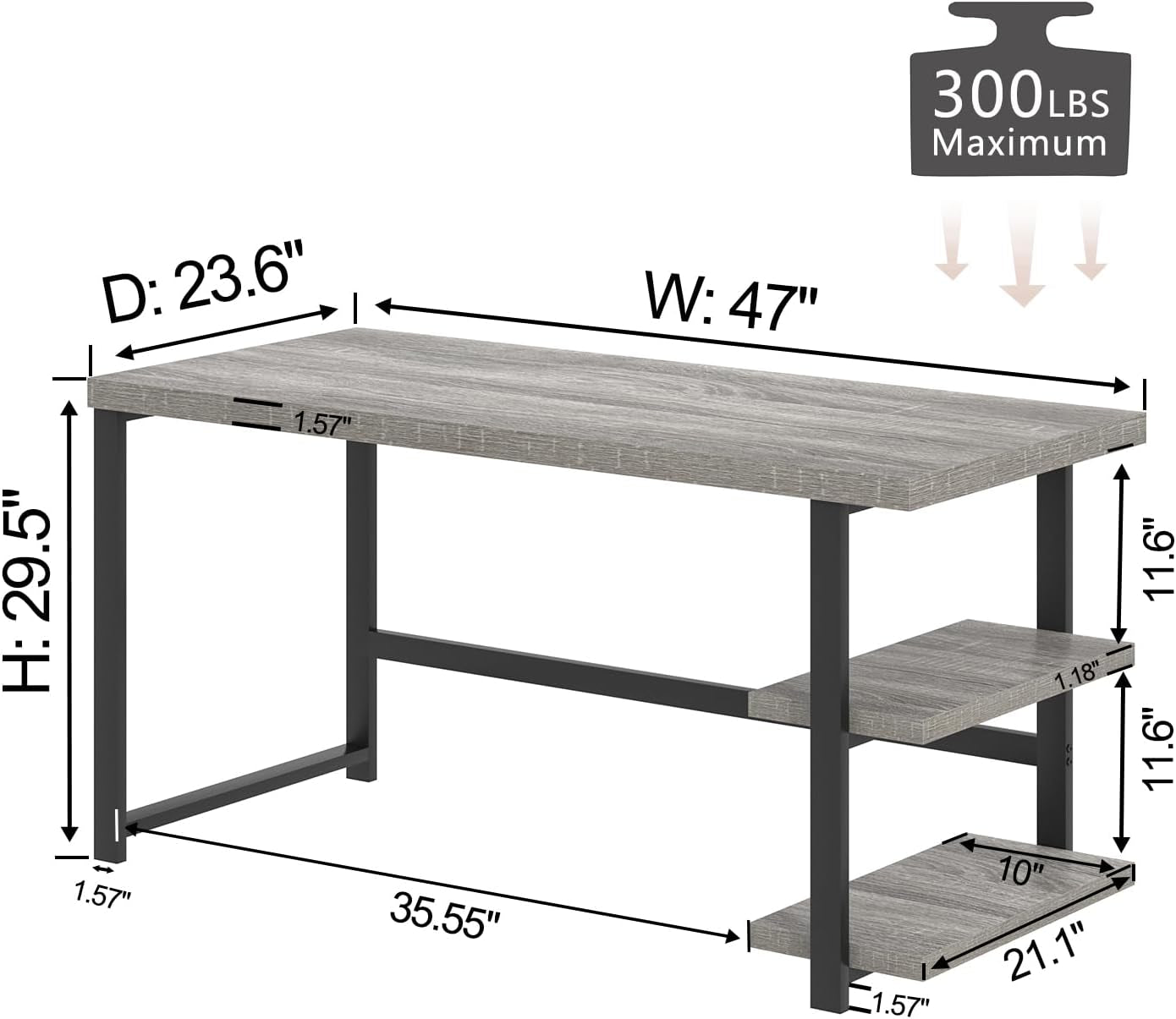 47 Inch Home Office Desk, Modern Computer Desk with Storage Shelves, Small Study Writing Gaming Table Workstation for Living Room Bedroom, Industrial Light Grey