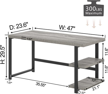 47 Inch Home Office Desk, Modern Computer Desk with Storage Shelves, Small Study Writing Gaming Table Workstation for Living Room Bedroom, Industrial Light Grey