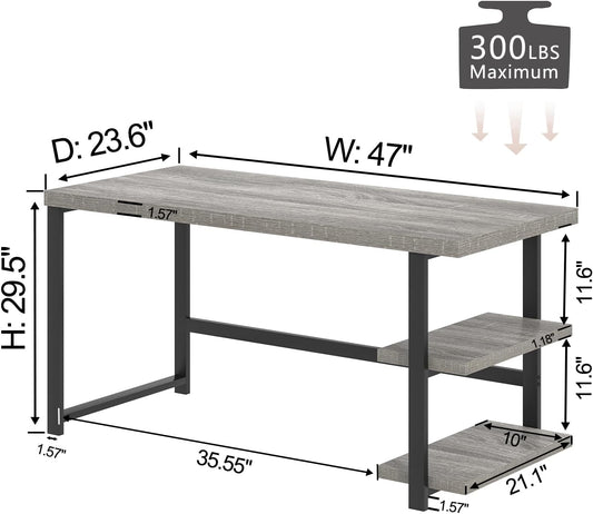 47 Inch Home Office Desk, Modern Computer Desk with Storage Shelves, Small Study Writing Gaming Table Workstation for Living Room Bedroom, Industrial Light Grey