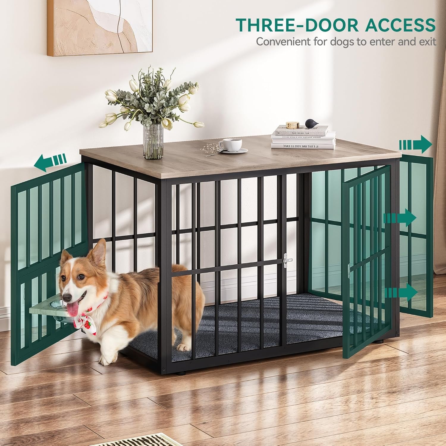 77.6" Large Corner Dog Crate Furniture for 2 Dogs, Steel Frame Cage with Double Doors & Bowls & 3 Doors, Double Dog Crate Furniture TV Stand for Medium Large Dogs, Brown