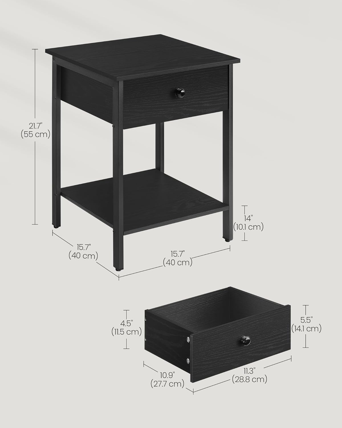 Nightstand, End Table, Side Table with Drawer and Shelf, 15.7 X 15.7 X 21.7 Inches, Bedroom, Steel Frame, Easy Assembly, Modern, Ebony Black ULET055B56