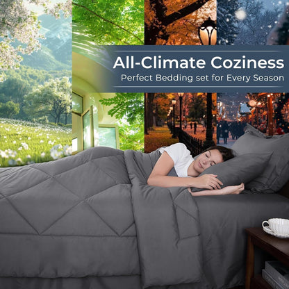 7 Pieces Queen Comforter Set, All Season Reversible Bed in a Bag Queen, Ultra Soft Queen Bedding Set with Grey Comforter, Flat Sheet, Fitted Sheet, Pillowcases, Pillow Shams, Dark Grey