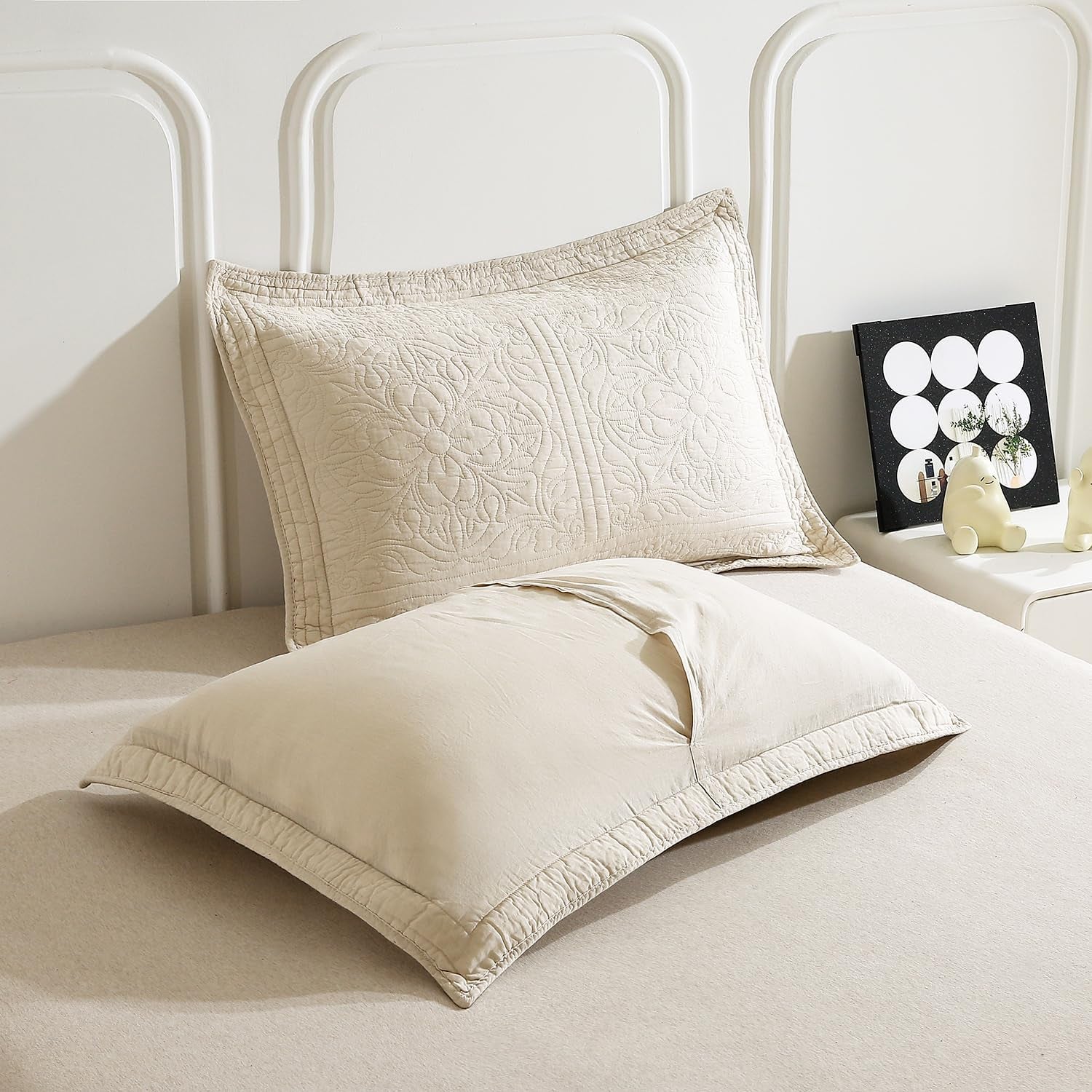 100% Cotton Quilted Pillow Sham Floral Printed Pillow Cover (Standard, Beige)