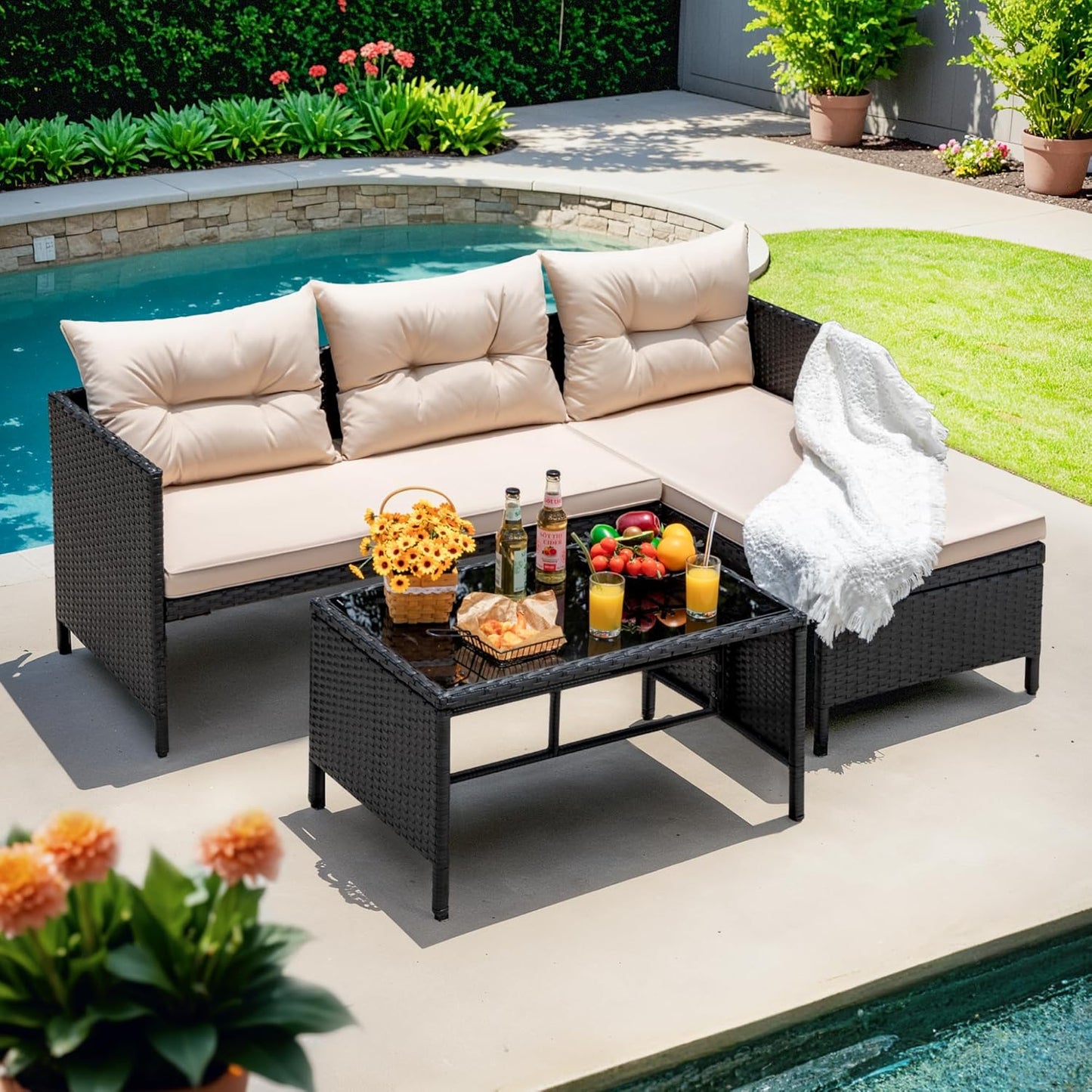 Outdoor Patio Furniture 3-Piece Rattan Waterproof Outdoor Sectional Sofa All-Weather L Shaped Patio Couch with Cushion Glass Table for Balcony, Garden (Beige)