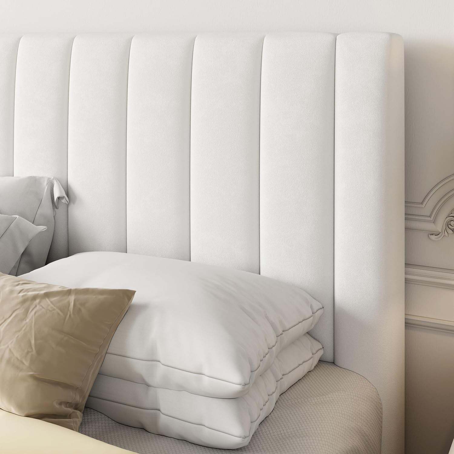 Full Bed Frame/Velvet Upholstered Bed Frame with Vertical Channel Tufted Headboard/Strong Wooden Slats/Platform Bed Frame/Mattress Foundation/Box Spring Optional/Easy Assembly/White