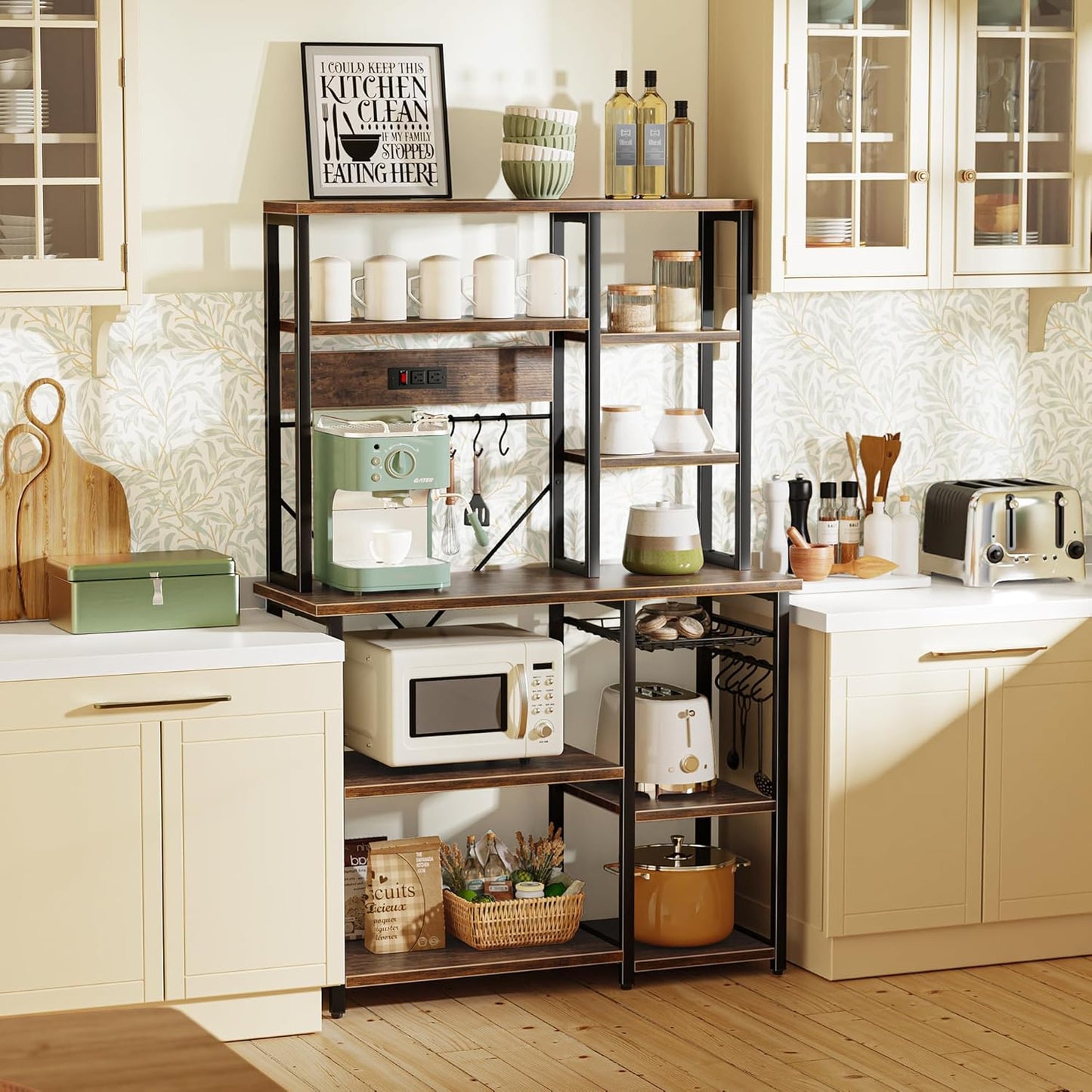 Large Bakers Rack with Power Outlets, 6-Tier Microwave Stand, Coffee Bar with 12 S-Shaped Hooks, Kitchen Shelf with Wire Basket, 39.4 X 14.6 X 66.9 Inches, Rustic Brown