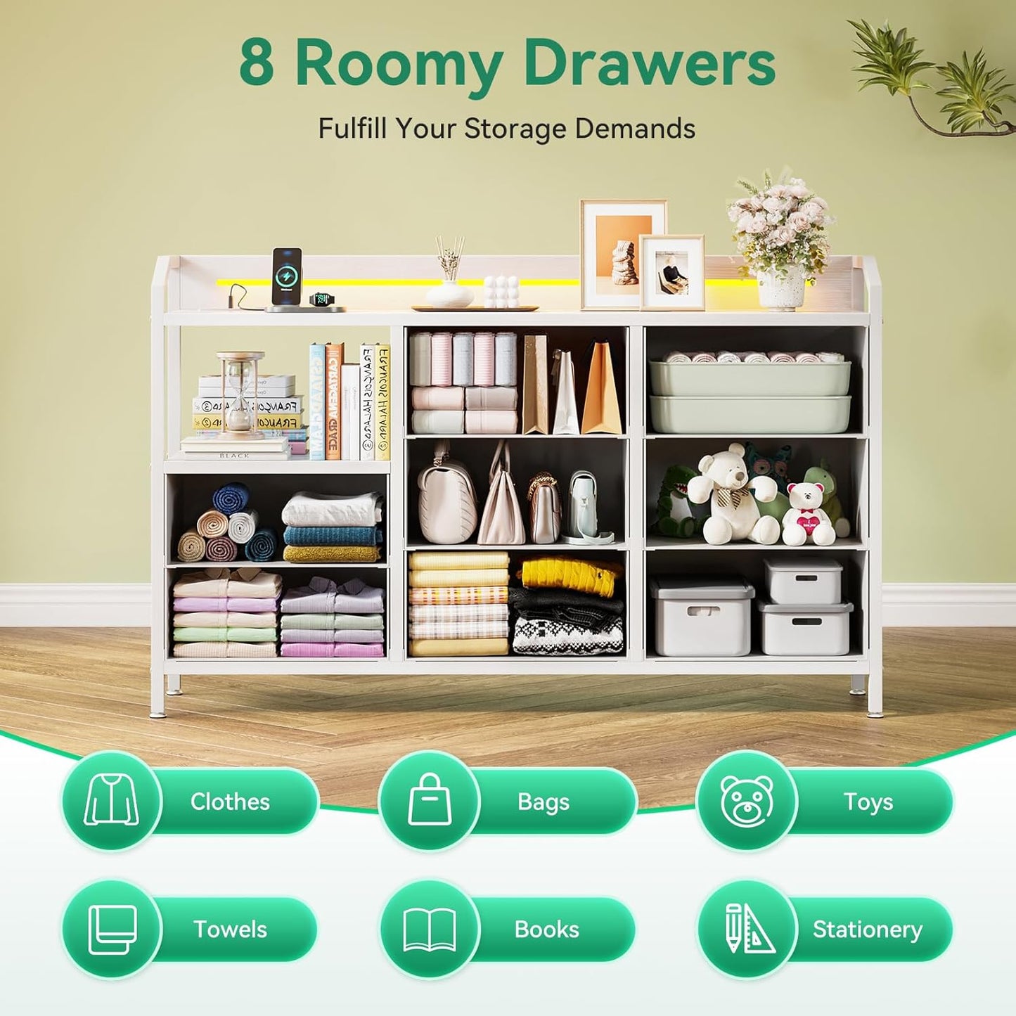 White Dresser for Bedroom with Light Strip & Power Outlet — 8 Drawers Dressers & Chest of Drawers with Shelf, Wood Top, Metal Frame, Wide Dressers for Girls Bedroom, Living Room, Hallway, Closet