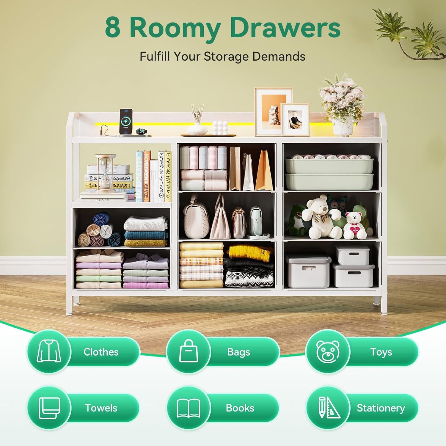 White Dresser for Bedroom with Light Strip & Power Outlet — 8 Drawers Dressers & Chest of Drawers with Shelf, Wood Top, Metal Frame, Wide Dressers for Girls Bedroom, Living Room, Hallway, Closet