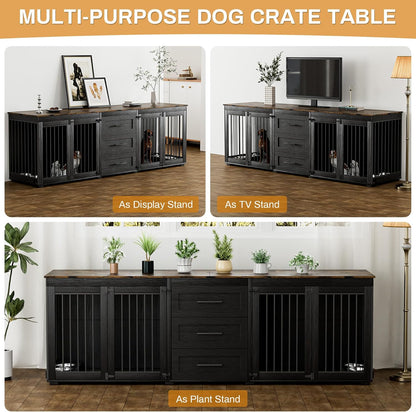 94.5" Large Dog Crate Furniture for 2 Dogs, Double Wooden Dog Kennel Furniture with 4 Dog Bowls & 3 Drawers, Heavy Duty Indoor Furniture Style Dog Cage TV Stand/Table/House, Black
