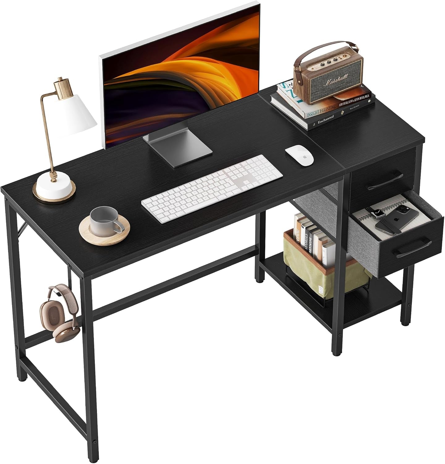 Computer Desk with 2 Drawers, 40 Inch Small Home Office Desk with Storage Study Writing Table, Modern Black