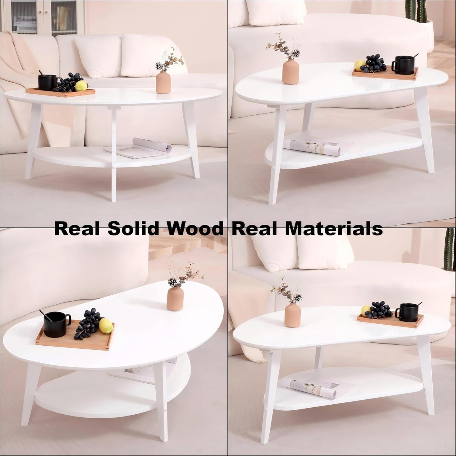 Mid-Century Modern Coffee Table for Living Room, 100% Solid Wood Oval Coffee Table, 2 Tier Wooden Coffee Tables for Home Office Livingroom, 40.2 X 22 Inches Easy Assemble (White)