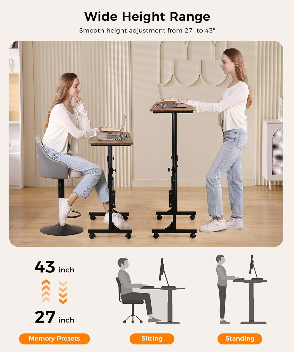 Standing Desk Adjustable Height, Mobile Stand up Desks with Wheels Small Computer Desks Rolling Desk, Portable Laptop Desks Rustic Standing Table Sit Stand Home Office Desks 16"X31.5" Height 27"-43.5"