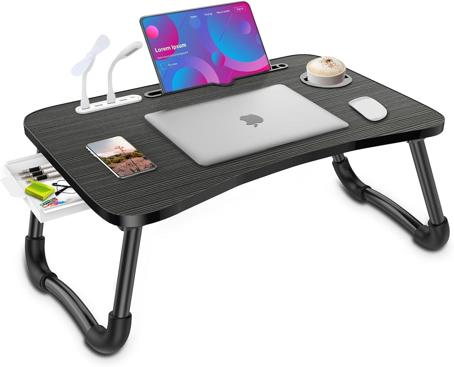 Laptop Lap Desk, Foldable Laptop Table Tray with 4 USB Ports Storage Drawer and Cup Holder, Lap Bed Desk Notebook Stand Laptray Portable Standing Table for Bed Couch Floor