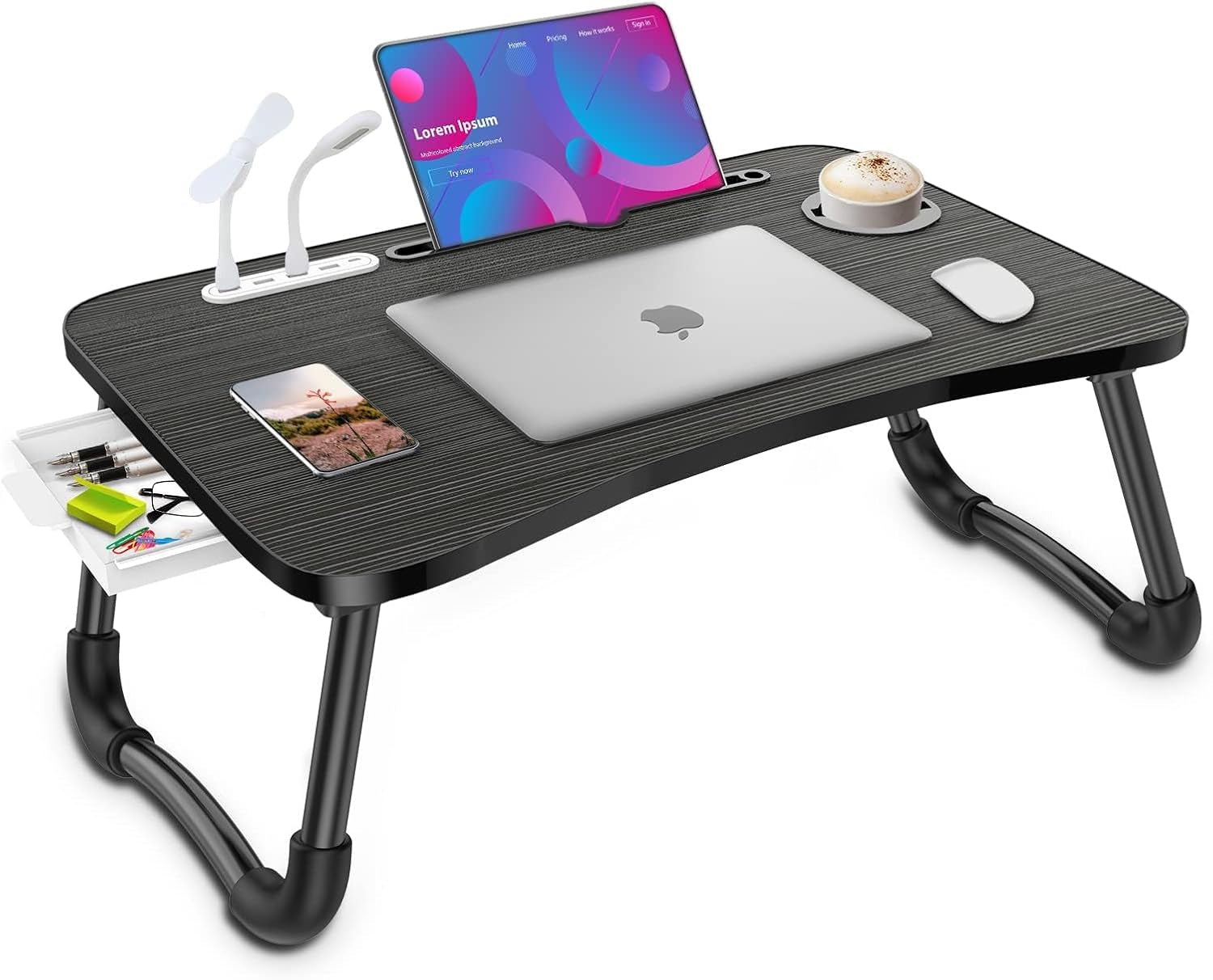 Laptop Lap Desk, Foldable Laptop Table Tray with 4 USB Ports Storage Drawer and Cup Holder, Lap Bed Desk Notebook Stand Laptray Portable Standing Table for Bed Couch Floor