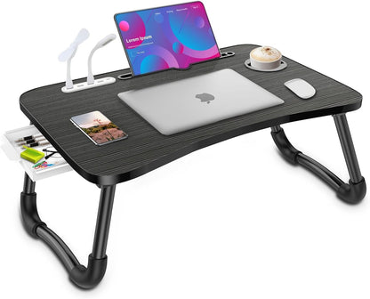 Laptop Lap Desk, Foldable Laptop Table Tray with 4 USB Ports Storage Drawer and Cup Holder, Lap Bed Desk Notebook Stand Laptray Portable Standing Table for Bed Couch Floor