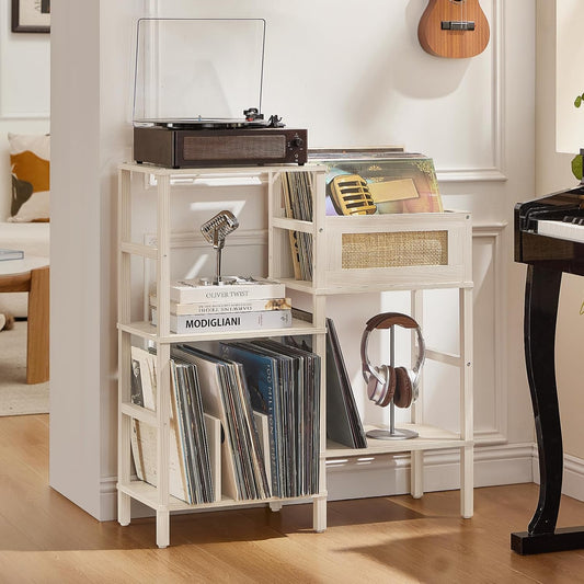 Record Player Stand, White Cream Oak Wood Record Holder with Vinyl Storage Holds up to 300+ Albums, 3-Tier Rattan Media Table with Vinyl Display Shelf, Record Storage Cabinet for Living Room