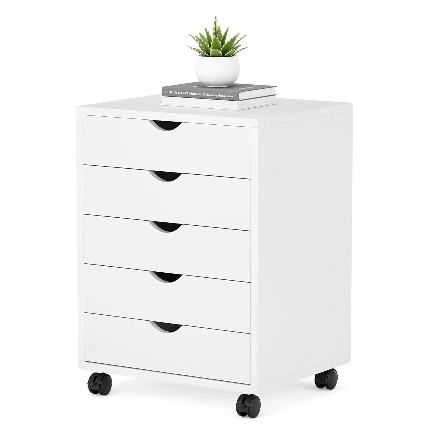 5 Drawer Mobile File Cabinet under Desk Storage Organization with Wheels Vertical Filing Chest Rolling Wood Small Desk Printer Stand for Home Office, White