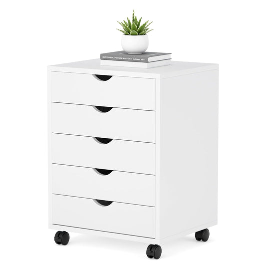 5 Drawer Mobile File Cabinet under Desk Storage Organization with Wheels Vertical Filing Chest Rolling Wood Small Desk Printer Stand for Home Office, White