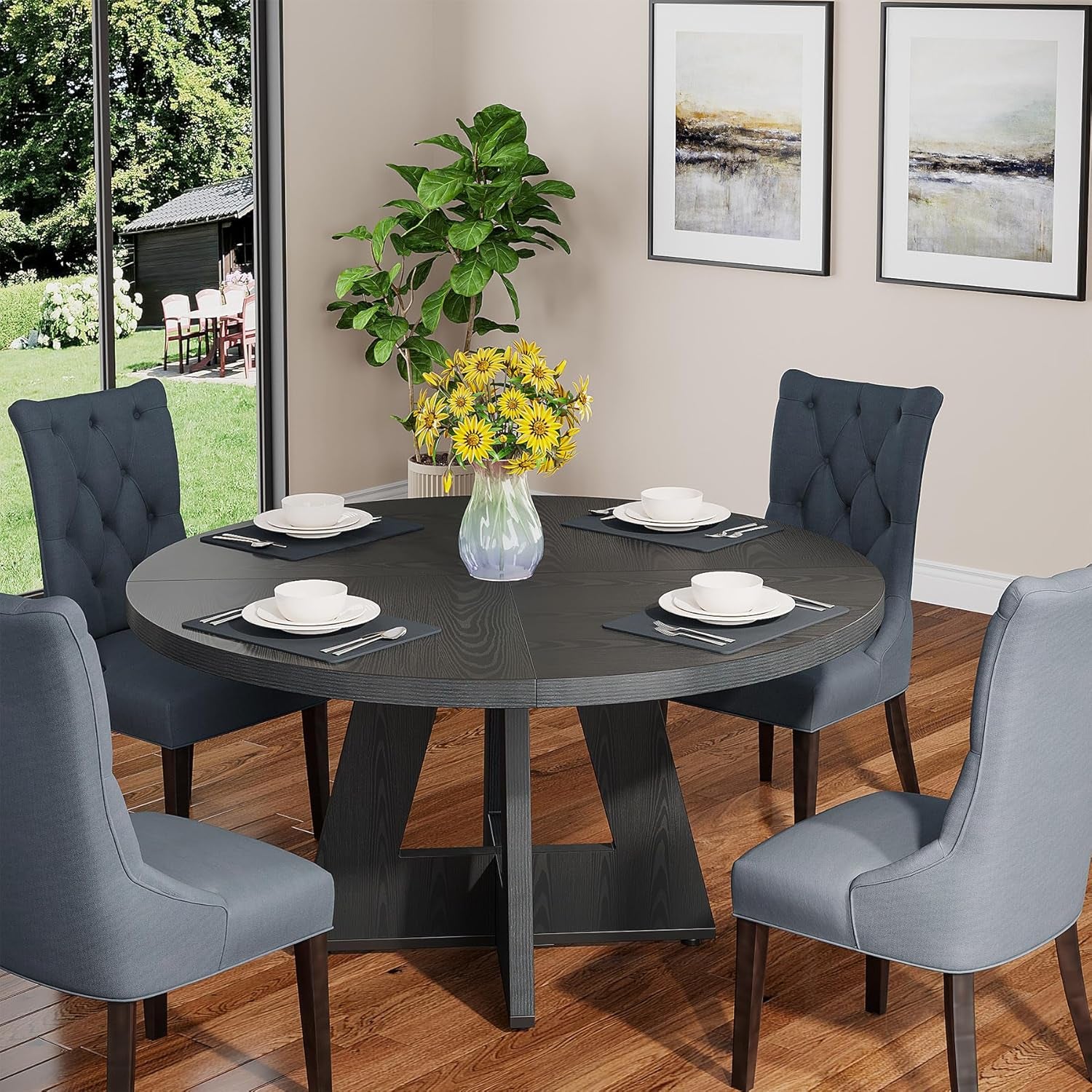 round Dining Table Wood Kitchen Table for Dining Room, 47 in Dinning Room Tables for 4 Man, Farmhouse Dinner Table with Wooden Tabletop and Cross Base, Black