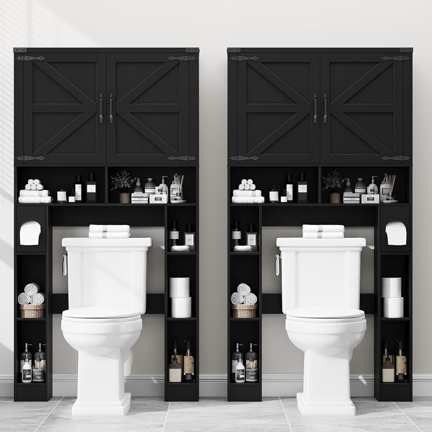 Over the Toilet Storage Cabinet, Farmhouse Storage Cabinet over Toilet with 2 Barn Doors ，Toilet Paper Holder Stand，Home Space-Saving Toilet Rack, for Laundry, Restroom, Bathroom.Black