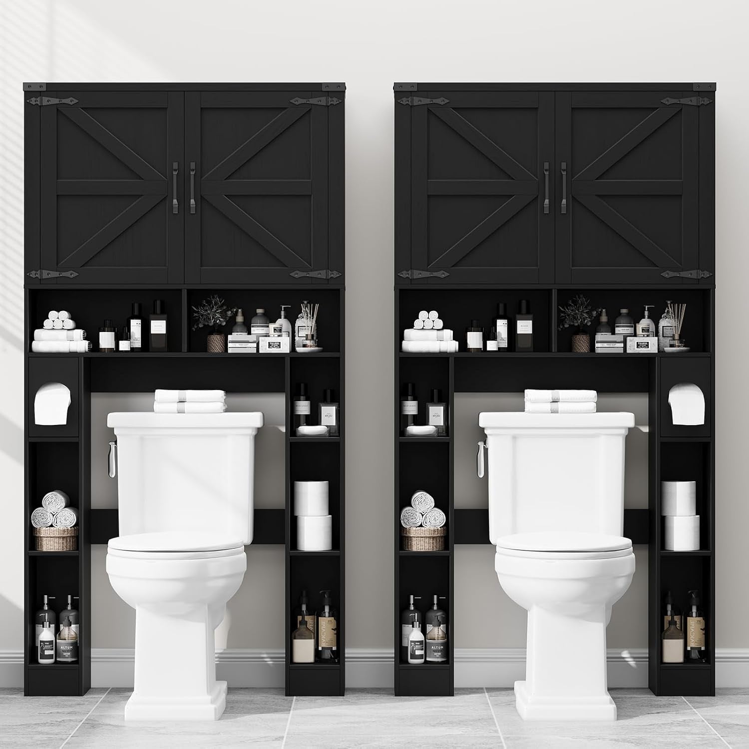 Over the Toilet Storage Cabinet, Farmhouse Storage Cabinet over Toilet with 2 Barn Doors ，Toilet Paper Holder Stand，Home Space-Saving Toilet Rack, for Laundry, Restroom, Bathroom.Black