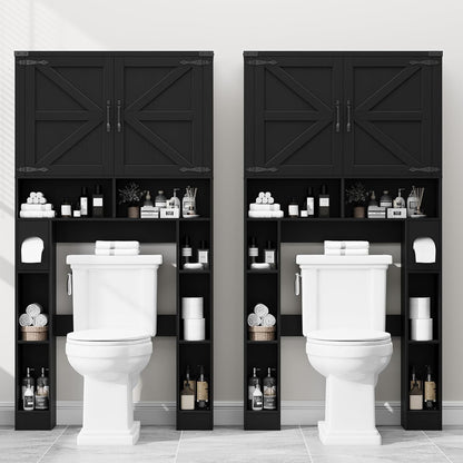 Over the Toilet Storage Cabinet, Farmhouse Storage Cabinet over Toilet with 2 Barn Doors ，Toilet Paper Holder Stand，Home Space-Saving Toilet Rack, for Laundry, Restroom, Bathroom.Black