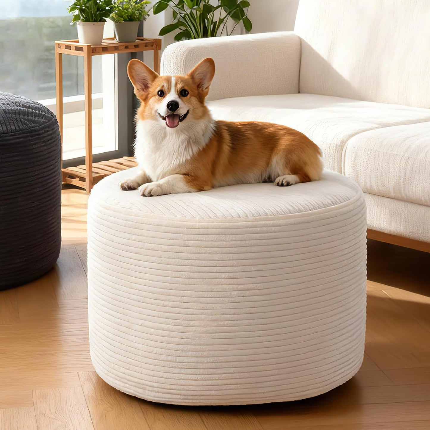 Round Corduroy Ottoman Foot Rest Pouf for Living Room Couch - Soft Plush Shredded Foam Filled Hassock Stool, Comfy Footstool
