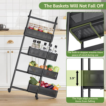 5-Tier Slim Storage Cart with Pull Out Basket, Rolling Bathroom Organizer Utility, Metal Shelving Unit Slide Out, Lockable Wheels, Easy Assembly for Narrow Place, Kitchen, Laundry Room, Black