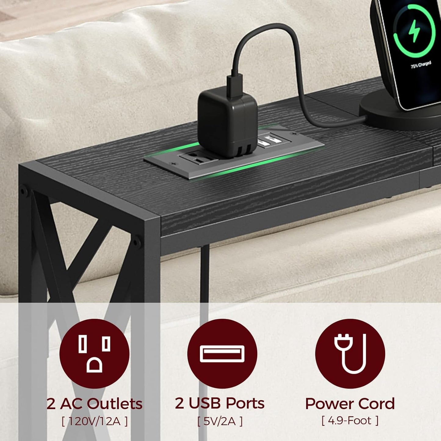 70.8'' Narrow Sofa Table with Charging Station, 2 Pack Skinny Console Table, Long Entryway Hallway Couch Table with Power Outlets, Black CTBK152E01S2