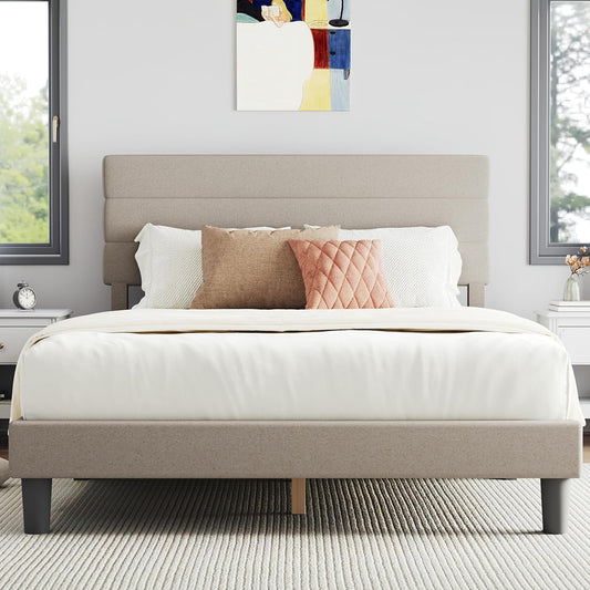 Full Size Bed Frame with Headboard, Full Bed Frame with Wooden Slats Support, Velvet Upholstered Stripe Headboard, No Box Spring Needed, Heavy Duty Feet, Easy Assembly, Black Velvet