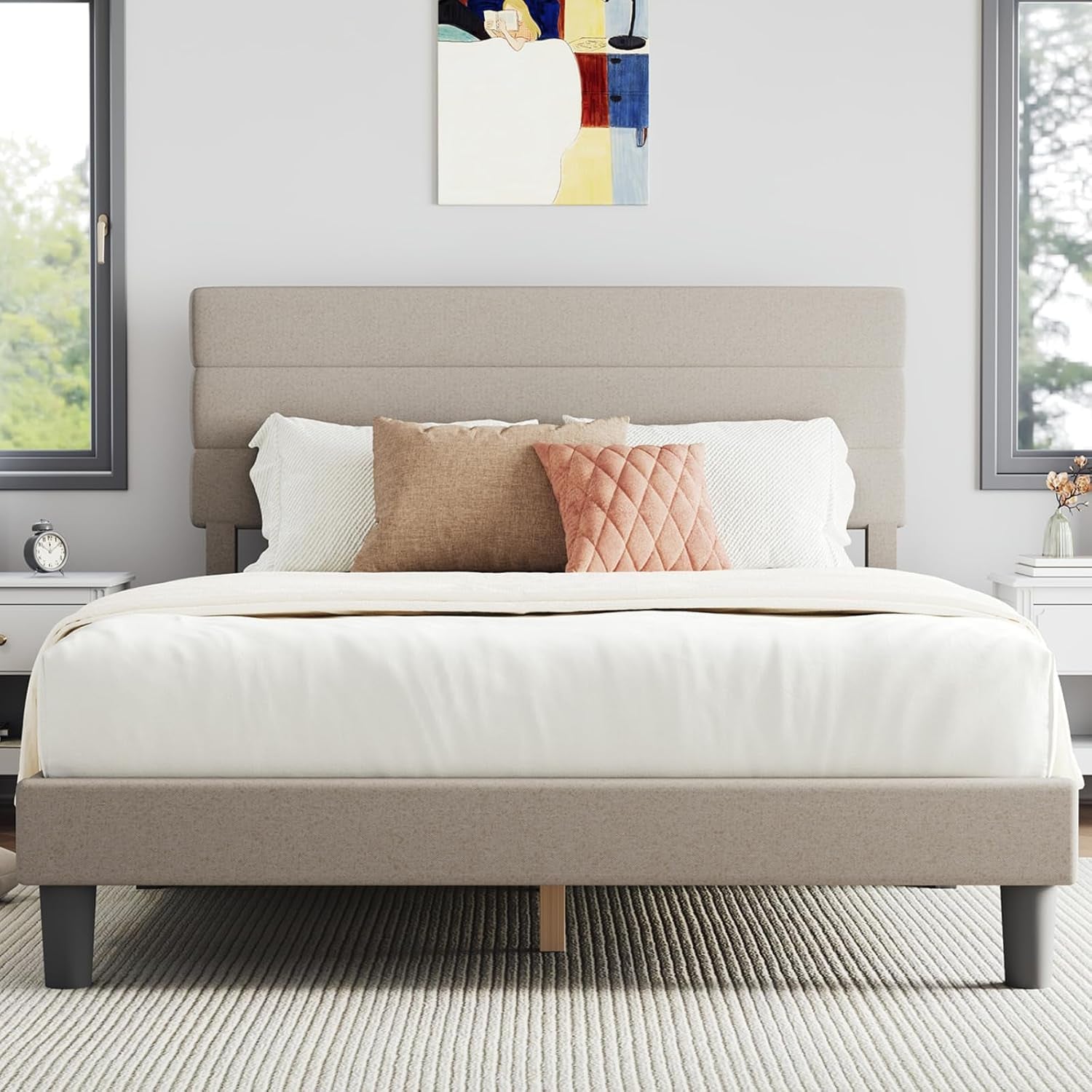 Queen Bed Frame, Queen Size Bed Frame with Wooden Slats Support, Velvet Upholstered Stripe Headboard, No Box Spring Needed, Heavy Duty Feet, Easy Assembly, Black Velvet