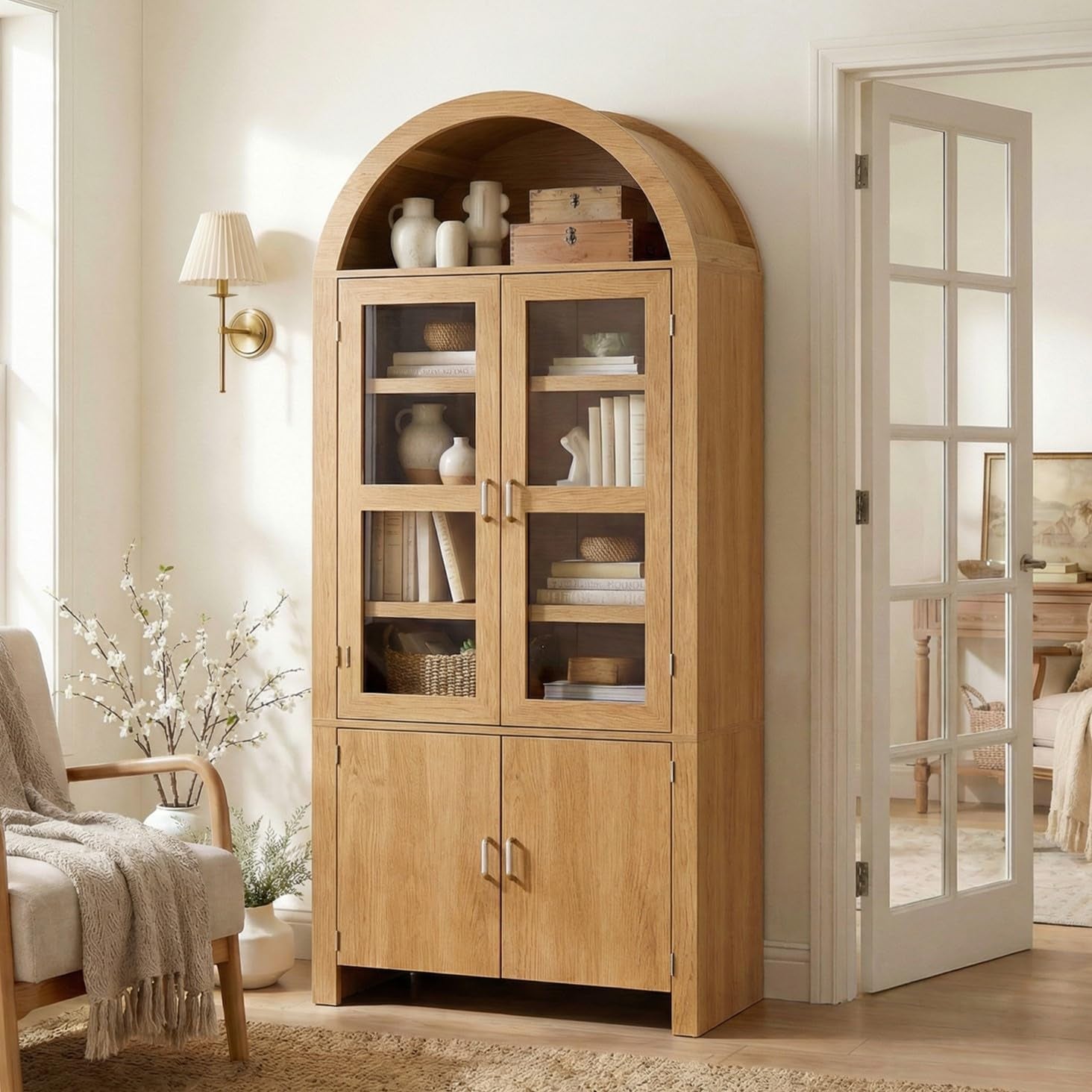 71" Tall Arched Kitchen Pantry, Modern Farmhouse Wood Kitchens Storage Cabinets, Versatile Cupboard for Dining Room, Kitchen, Wood