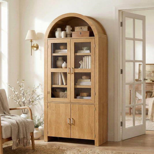 71" Tall Arched Kitchen Pantry, Modern Farmhouse Wood Kitchens Storage Cabinets, Versatile Cupboard for Dining Room, Kitchen, Wood
